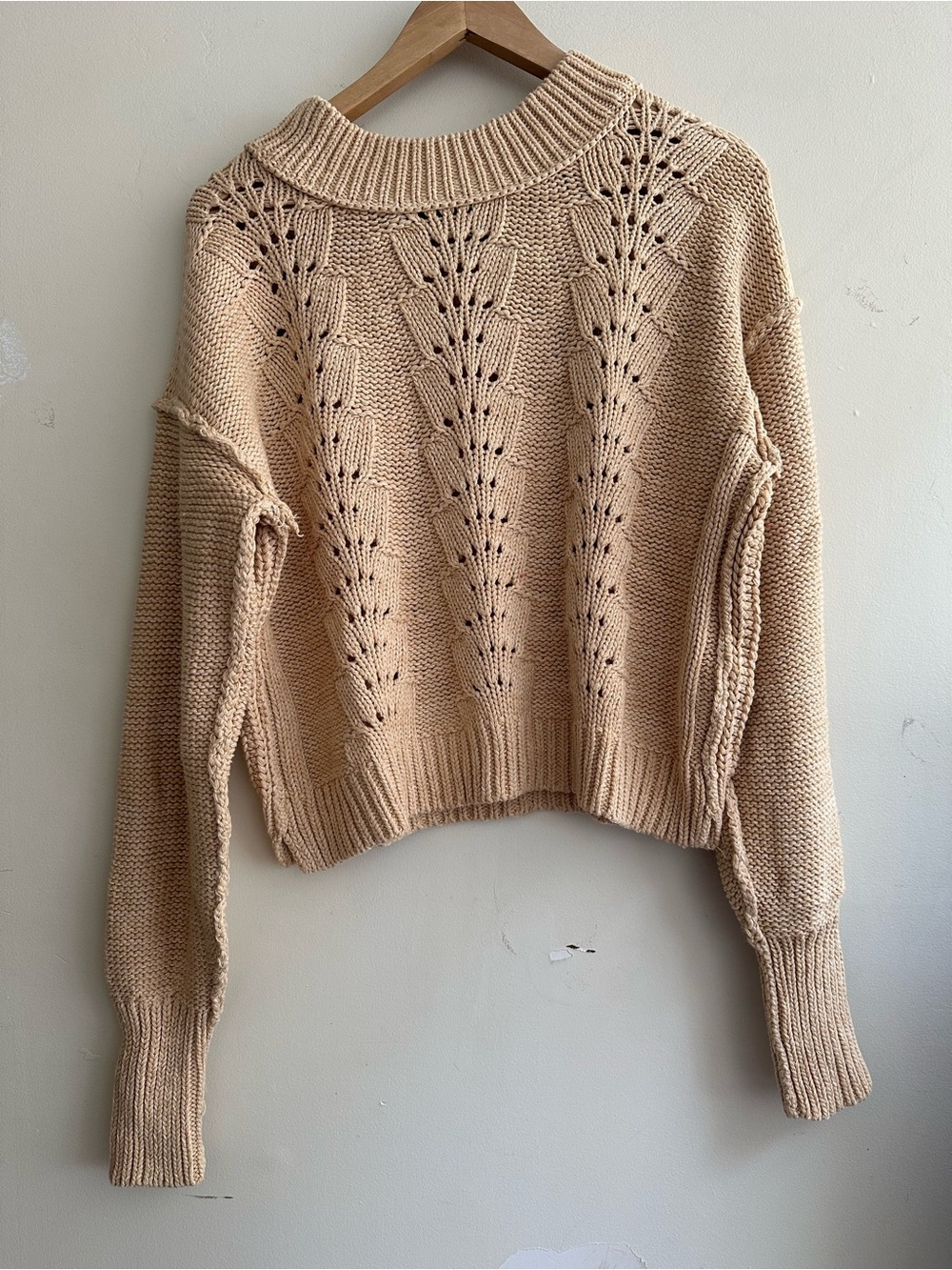 Free People Beige Openwork Crewneck Sweater